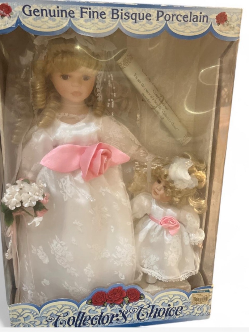 Vintage 1990s Collectors Choice Porcelain Bride Doll Set -White with Pink Accent